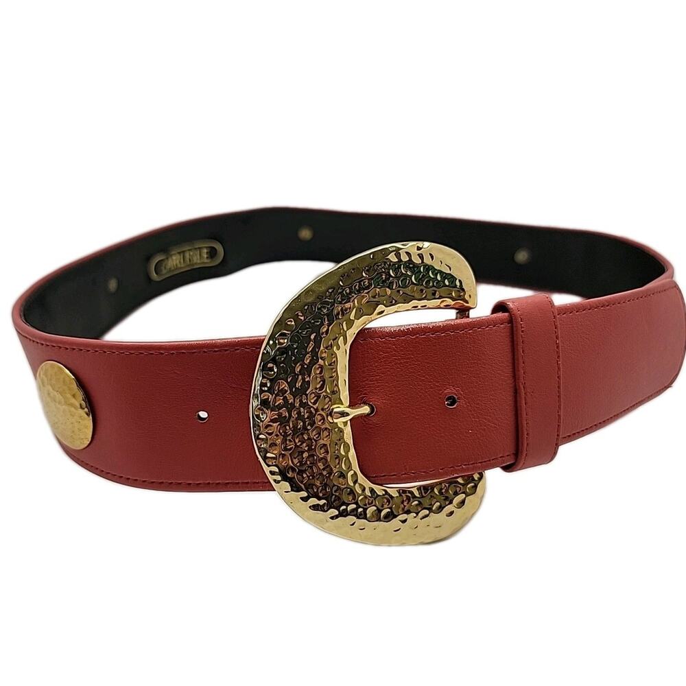 CARLISLE Vintage Leather XL Red Belt W/Hammered Gold Tone Disks Statement Buckle